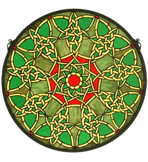 A Meyda Tiffany original medallion window featuring a Knotted Pattern of Kelly and Emerald Isle Green is accented with Gold and Red. The included hanging bracket and chains are made of the same solid brass as the frame. Art glass pieces are hand-wrapped and soldered to create this masterpiece. The Knotwork Trance Medallion Stained Glass Window is included in our American- designed; handcrafted Stained Glass Window Collection. Every Meyda Tiffany item is a unique; handcrafted work of art. Natural variations in the wide array of materials we use to create each Meyda product make every item a masterpiece in its own right.