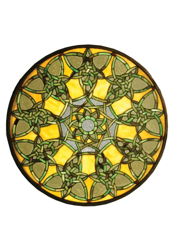 Scores of hand-cut stained-glass pieces are used to make this elegant Celtic knot-patterned glass window in Gaelic Moss Green and Gold. An incomparable Meyda Tiffany original design, this stunning window is constructed of individually wrapped and soldered pieces of stained glass. The Knotwork Trance Medallion Stained Glass Window is included in our American-designed, handcrafted Stained Glass Window Collection. A solid brass hanging bracket and chains are included. Collection: Knotwork Trance Medallion Finish: Craftsman Brown Glass: Ha 59 Zah Width: 20.00" Height: 20.00" Length: 20.00" Weight: 6.00 lb Number of Bulbs: 1 Bulb Type: TBD Bulb Base: Medium Material: Brass Country of Origin: CHINA Safety Listing: Dry Safety Rating: Dry