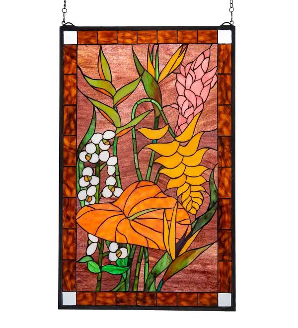 Like walking through a lush tropical flower garden of Begonias; Birds of Paradise Flamingo Lilies and lush green foliage. This lavish floral designed window is bordered with Flax Brown rectangular tiles and accented in each corner with a Clear square glass jewel. The Meyda Tiffany original art glass window is created using our famous copperfoil construction process. Each window is framed in Antique finished Solid Brass and includes mounting brackets with 6 inches of chain. Custom sizes; designs and colors are available.