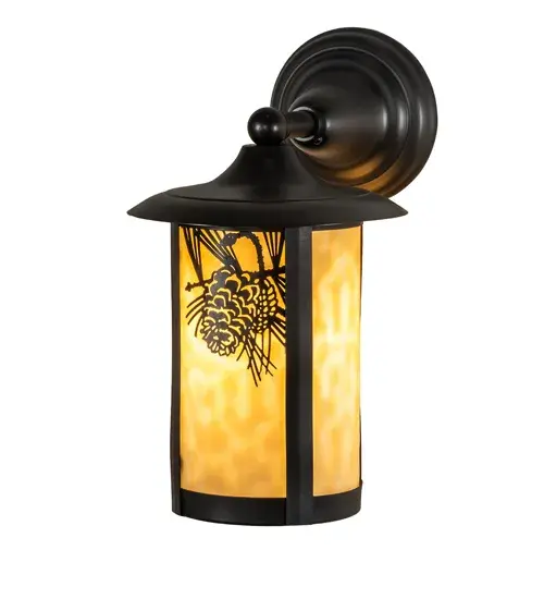 The material is Brass and Glass. The finish is Craftsman Brown. The glass is Beige. Collection: Fulton Finish: Craftsman Brown Glass: Beige Art Glass Width: 8.00" Height: 13.00" Length: 11.00" Weight: 4.00 lb Extension from Wall: 11.00" Number of Bulbs: 1 Maximum Wattage: 60.00 W Bulb Type: A19 Bulb Base: E26 Material: Brass Country of Origin: USA Safety Listing: Wet Safety Rating: Wet - alternate view