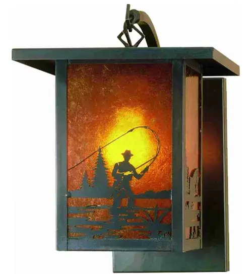 A Fly Fisherman landing his catch is depicted on this handsome American Craftsman lantern style curved arm wall sconce. The fixture; handcrafted in the USA by Meyda artisans; is finished in Craftsman Brown and has Amber mica panels.
