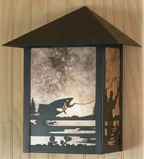 A Fly Fisherman landing his catch is depicted on this handsome American Craftsman lantern style wall sconce. The fixture, handcrafted in the USA by Meyda artisans, is finished in Craftsman Brown and has Silver mica panels. Collection: Seneca Finish: Craftsman Brown Glass: Silver Mica Width: 9.00" Height: 10.50" Length: 5.50" Weight: 6.00 lb Extension from Wall: 5.50" Number of Bulbs: 1 Maximum Wattage: 100.00 W Bulb Type: A-19 Bulb Base: Medium Material: Steel Country of Origin: USA Safety Listing: Wet Safety Rating: Wet