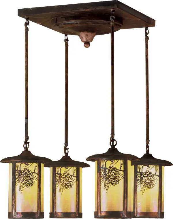 Pine Cone laden branches accent this handsome American Craftsman lantern style four light semi flush. The fixture; handcrafted in the USA by Meyda artisans; is finished in Vintage Copper and has Iridized Beige glass panels.