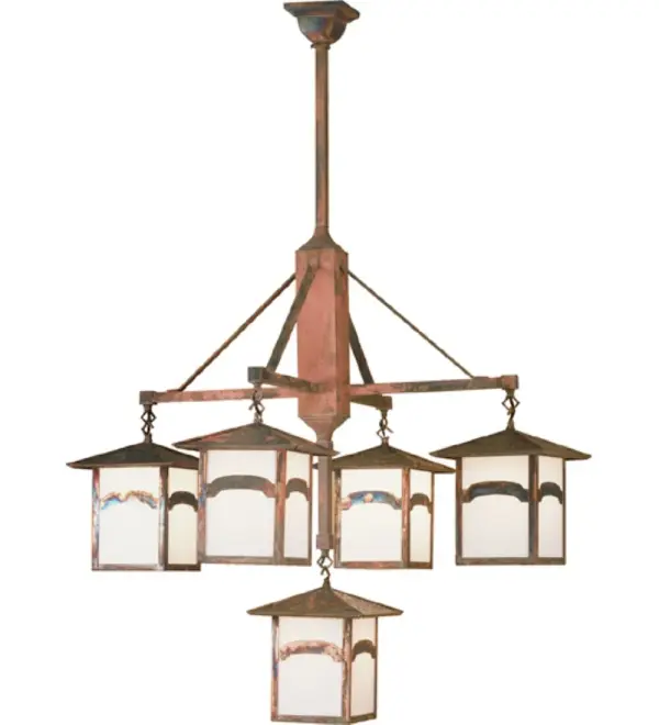 An Arts and Crafts Mountain View recurved bar accents this handsome American Craftsman lantern style five light chandelier. The fixture; handcrafted in the USA by Meyda artisans; is finished in Vintage Copper and has White glass panels.