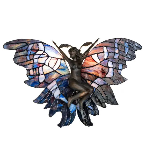 Like a magical creature found in popular myths and legends, the Fairy Wall Sconce is a spectacularly lighted art piece that will transform your space into a treasured art gallery. Blue, Purple, and Mauve art glass wings flare out with precision and beauty. The masterpiece features a Solid Brass sculpture highlighted in gorgeous detail and meticulous artistry. The art glass wings are crafted using the famous Meyda Tiffany copperfoil construction process. The Fairy Wall Sconce is included in our American-designed, handcrafted Stained Glass Lighting Collection. UL and cUL listed for dry locations. Each lighted sculpture is a unique work of art with color variations based on natural ingredients inherent in the glass. Collection: Fairy Finish: Verdigris Glass: Stained Glass Width: 20.00" Height: 12.50" Length: 6.00" Weight: 5.00 lb Number of Bulbs: 2 Maximum Wattage: 25.00 W Bulb Type: BA9 Bulb Base: E12 Material: Resin Country of Origin: CHINA Safety Rating: Dry