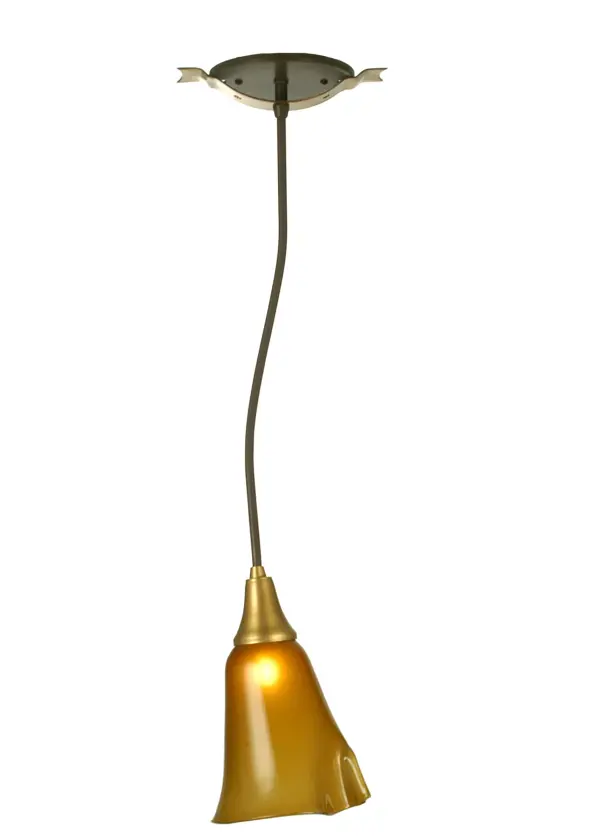 The One-Arm Wilmington Ceiling Pendant features an elegant Amber colored; mouth-blown art glass shade. The delicate shade has a glossy exterior with matte finished interior; and features a unique decorative split and folded accent. The shade is extended from the ceiling with a sturdy metal rod hand-finished in a handsome Timeless Bronze with Brass highlights. The fixture is custom crafted in Yorkville; New York by the hands of highly skilled Meyda Tiffany artisans. "
