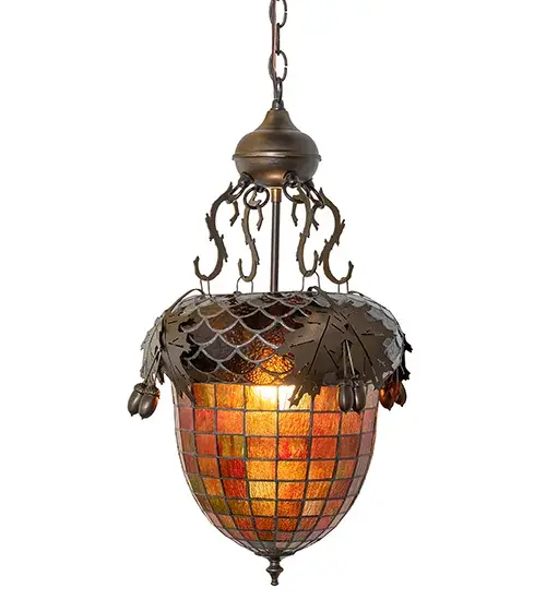 Majestic as the mighty oak is this leaf adorned inverted pendant in an antique copper finish. A lighted stained glass acorn; in multi toned Autumn Green with a Bark Brown granite glass crown sprouting oak leaf covered hardware that is hand made in the USA by Meyda Tiffany craftsmen. - alternate view