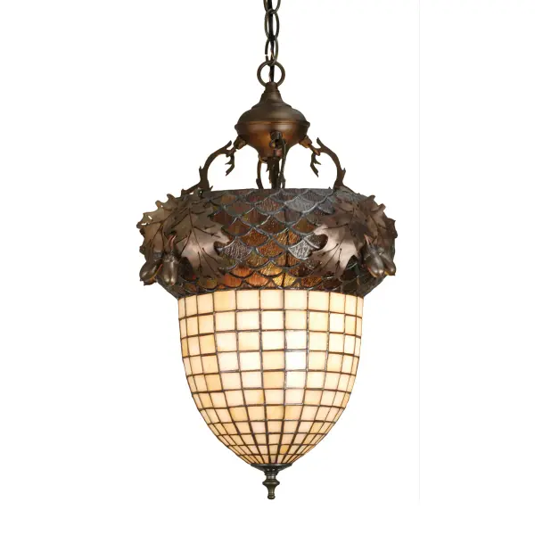 Majestic as the mighty oak is this leaf adorned inverted pendant in an antique copper finish. A lighted stained glass acorn, in Ivory with a multi-toned Bark Brown granite glass crown sprouting oak leaf covered hardware that is hand made in the USA by Meyda Tiffany craftsmen. Collection: Greenbriar Oak Finish: Antique Copper Glass: Stained Glass Width: 14.00" Height: 26.00" Length: 14.00" Weight: 8.50 lb Number of Bulbs: 1 Maximum Wattage: 60.00 W Bulb Type: A19 Bulb Base: E26 Material: Steel Country of Origin: USA Safety Listing: Damp Safety Rating: Damp