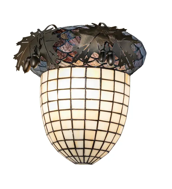 Majestic as the mighty oak is this leaf adorned wall sconce in an Antique Copper finish. The lighted stained glass acorn features Ivory glass. The diffuser is topped with a Multi-toned Blue and Green granite glass crown sprouting oak leaf covered hardware that is handmade by Meyda artisans in our 180,000 square foot manufacturing facility in Yorkville, New York. Diffuser colors, metal finishes and sizes can be customized. UL and cUL listed for dry and damp locations. Collection: Oak Leaf & Acorn Finish: Antique Copper Glass: Stained Glass Width: 12.00" Height: 13.00" Length: 6.00" Weight: 5.50 lb Extension from Wall: 6.00" Number of Bulbs: 1 Maximum Wattage: 60.00 W Bulb Type: A19 Bulb Base: E26 Material: Steel Country of Origin: USA Safety Listing: Damp Safety Rating: Damp