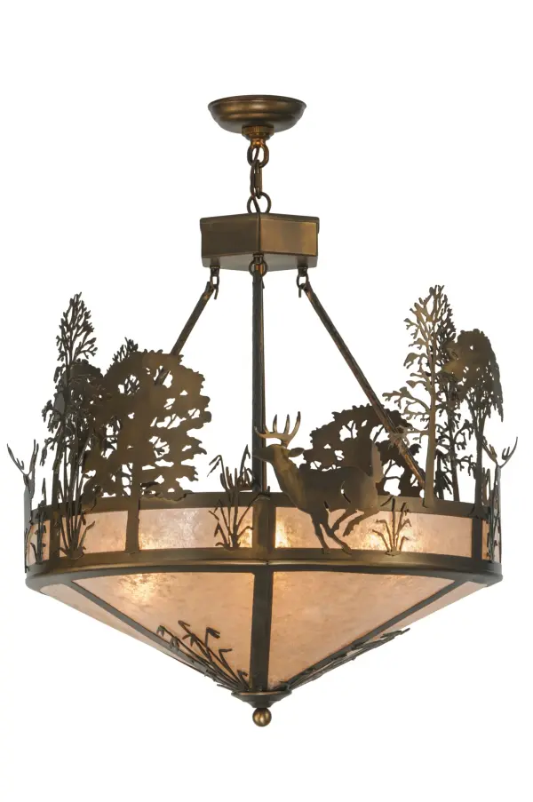 Rustic charm is captured beautifully with this striking pendant design of a young buck leaping through the trees in the woods.Warm ambient lighting is created by a stunning Silver Mica light diffuser enhanced by the decorative accents; frame and matching hardware finished in Antique Copper. Handcrafted in the Meyda manufacturing facility; located at the foothills of the Adirondack Mountains.Additional wildlife and custom designs available; as well as energy efficient lamping options.