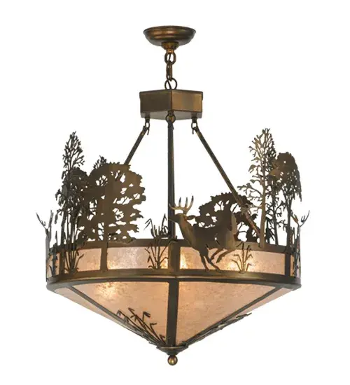 Rustic charm is captured beautifully with this striking pendant design of a young buck leaping through the trees in the woods.Warm ambient lighting is created by a stunning Silver Mica light diffuser enhanced by the decorative accents; frame and matching hardware finished in Antique Copper. Handcrafted in the Meyda manufacturing facility; located at the foothills of the Adirondack Mountains.Additional wildlife and custom designs available; as well as energy efficient lamping options. - alternate view