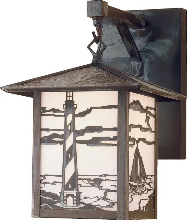 A steadfast Lighthouse stands watch at the edge of the sea on this handsome American Craftsman lantern style straight arm wall sconce. The fixture; handcrafted in the USA by Meyda artisans; is finished in Verdigris and has White glass panels.