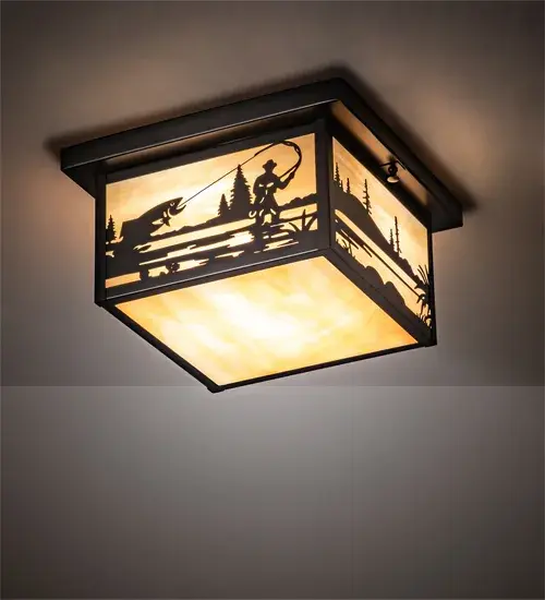 A Fly Fisherman landing his catch is depicted on this handsome American Craftsman style flushmount. The fixture; handcrafted in the USA by Meyda artisans; is finished in Craftsman Brown and has Iridized Beige art glass panels.