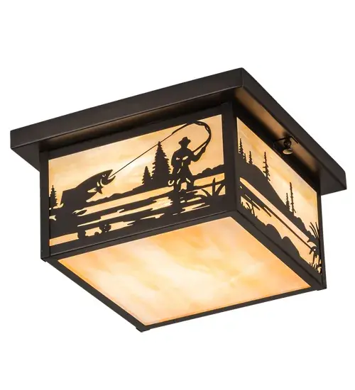 A Fly Fisherman landing his catch is depicted on this handsome American Craftsman style flushmount. The fixture; handcrafted in the USA by Meyda artisans; is finished in Craftsman Brown and has Iridized Beige art glass panels. - alternate view