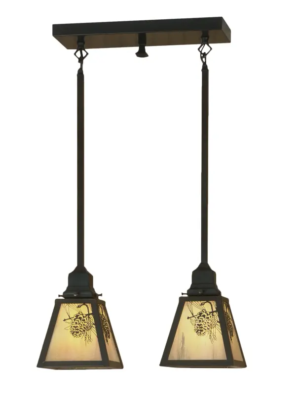 Pine Cone laden branches accent this handsome American Craftsman two light pendant. The fixture; handcrafted in the USA by Meyda artisans; is finished in Craftsman Brown and has Iridized Beige art glass panels.