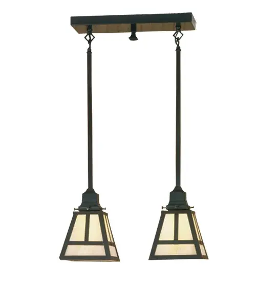 This handsome Craftsman styled Pendant is inspired by the Arts and Crafts movement. This fixture features 2 Beige Iridescent Glass shades with a striking Mission straight line design and complemented with Solid Brass hardware and decorative accents highlighted in a Craftsman Brown finish. The fixture is perfect for illuminating a broad range of interior spaces including islands; counters; and tables. The pendant is handcrafted by highly skilled artisans in our 180;000 square foot manufacturing facility in Yorkville; New York. Custom sizes; styles; colors and dimmable energy efficient lamping options such as LED are available. The 17-inch long fixture is UL and cUL listed for dry and damp locations.