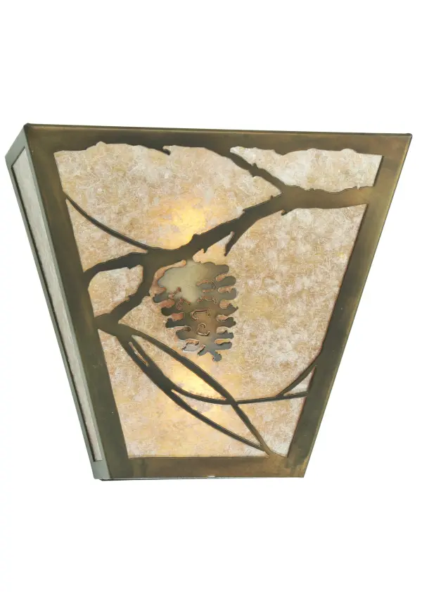 A single Pine Cone and branches are depicted on this wall sconce. The fixture is finished in Antique Copper has silver mica panels, and is handcrafted in the USA by Meyda artisans. " Collection: Whispering Pines Finish: Antique Copper Glass: Silver Mica Width: 13.00" Height: 11.50" Length: 6.50" Weight: 4.00 lb Extension from Wall: 6.50" Number of Bulbs: 2 Maximum Wattage: 60.00 W Bulb Base: Medium Material: Steel Country of Origin: USA Safety Listing: Damp Safety Rating: Damp