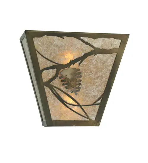 A single Pine Cone and branches are depicted on this wall sconce. The fixture is finished in Antique Copper has silver mica panels, and is handcrafted in the USA by Meyda artisans. " Collection: Whispering Pines Finish: Antique Copper Glass: Silver Mica Width: 13.00" Height: 11.50" Length: 6.50" Weight: 4.00 lb Extension from Wall: 6.50" Number of Bulbs: 2 Maximum Wattage: 60.00 W Bulb Base: Medium Material: Steel Country of Origin: USA Safety Listing: Damp Safety Rating: Damp - alternate view