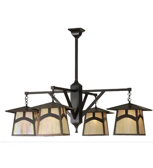 An Arts and Crafts Hill Top arched bar accents this handsome American Craftsman lantern style four light pendant. The fixture; handcrafted in the USA by Meyda artisans; has an Antique finish and has Iridized Beige glass panels.