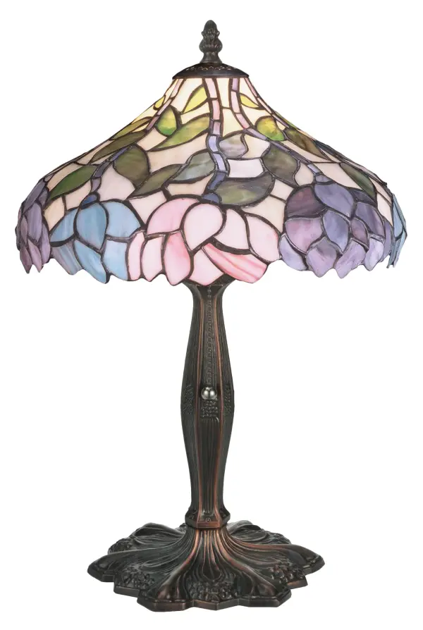 Stylized wisteria flower clusters of China Pink; Grape and Amethyst Blue with Jade Green leaves drape over this Ivory toned graceful copper foil accent lamp shade. The classic styling of this Tiffany style stained glass fixture and soft pastel colors will add charm to any room.