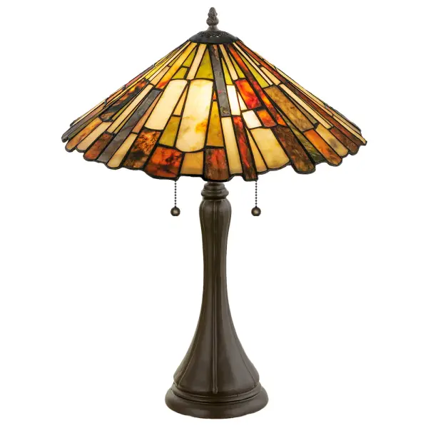Thinly carved and polished natural Jadestone in earthy tones of Moss Green, Tan, Ivory and Coral, become luminescent in this unique, tile patterned shade. The stone shade is crafted with the same copperfoil process that is used on stained glass, Tiffany style shades. A Mahogany Bronze finished base completes this handsome table lamp. Collection: Delta Finish: Mahogany Bronze Glass: Jadestone Width: 17.00" Height: 23.00" Length: 17.00" Weight: 7.00 lb Number of Bulbs: 2 Maximum Wattage: 60.00 W Bulb Type: A19 Bulb Base: E26 Material: Metal Or Polyresin Country of Origin: CHINA Safety Listing: Dry Safety Rating: Dry