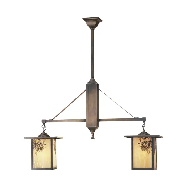 Pine Cone laden branches accent this handsome American Craftsman lantern style two light chandelier. The fixture; handcrafted in the USA by Meyda artisans; has an Antique finish and has Beige glass panels.