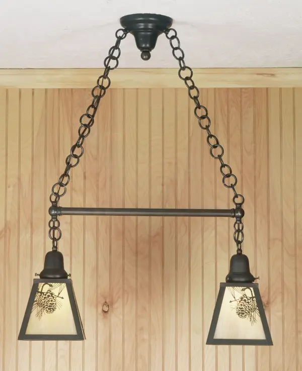 Pine Cone laden branches accent this handsome American Craftsman two light island. The fixture; handcrafted in the USA by Meyda artisans; is finished in Craftsman Brown and has Iridized Beige art glass panels.