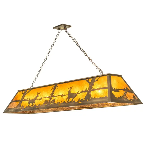 This stunning design features Deer gracefully scampering across the lakeside woods as the glorious morning sun rises in the backdrop of this eye-catching scene. Beautiful ambient illumination shines brilliantly across this wildlife design featured on an Amber Mica shade. Antique Copper finished hardware and decorative accents complement this oblong pendant. Perfect for illuminating a kitchen island, counter, bar, billiard table and other spaces. Overall height ranges from 23 to 36 inches as the chain length can be easily adjusted in the field. The Deer at Lake Oblong Pendant is included in our American-made, American-designed, handmade Wildlife Lighting Collection. Manufactured in Yorkville, NY. UL & cUL listed for dry and damp locations. Collection: Deer At Lake Finish: Antique Copper Glass: Amber Mica Width: 17.00" Height: 23.00" Length: 72.00" Weight: 37.00 lb Number of Bulbs: 11 Maximum Wattage: 60.00 W Bulb Type: A19 Bulb Base: E26 Material: Steel Country of Origin: USA Safety Rating: Damp
