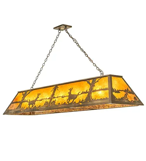 This stunning design features Deer gracefully scampering across the lakeside woods as the glorious morning sun rises in the backdrop of this eye-catching scene. Beautiful ambient illumination shines brilliantly across this wildlife design featured on an Amber Mica shade. Antique Copper finished hardware and decorative accents complement this oblong pendant. Perfect for illuminating a kitchen island, counter, bar, billiard table and other spaces. Overall height ranges from 23 to 36 inches as the chain length can be easily adjusted in the field. The Deer at Lake Oblong Pendant is included in our American-made, American-designed, handmade Wildlife Lighting Collection. Manufactured in Yorkville, NY. UL & cUL listed for dry and damp locations. Collection: Deer At Lake Finish: Antique Copper Glass: Amber Mica Width: 17.00" Height: 23.00" Length: 72.00" Weight: 37.00 lb Number of Bulbs: 11 Maximum Wattage: 60.00 W Bulb Type: A19 Bulb Base: E26 Material: Steel Country of Origin: USA Safety Rating: Damp - alternate view