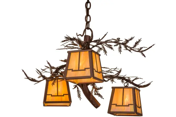 Enjoy the natural beauty of the American woodlands with this stunning chandelier. Designed as a tree bark with branches and pine needles, the hardware is featured in a handsome Rust finish. Three geometric styled lanterns feature stunning Beige Iridescent art glass. Handcrafted by Meyda artisans at the foothills of New York's Adirondack Mountains, the fixture can be in hallways and other rooms. Custom sizes, styles and colors are available. Dimmable energy efficient lamping options are also offered. Collection: Pine Branch Finish: Rust Glass: Beige Iridescent Notes: Custom Crafted In Yorkville, New York Please Allow 30 Days Width: 28.00" Height: 27.00" Length: 28.00" Weight: 17.00 lb Number of Bulbs: 3 Maximum Wattage: 60.00 W Bulb Type: T4 Bulb Base: G9 Light Source: Halogen Material: Steel Country of Origin: USA Safety Listing: Damp Safety Rating: Damp