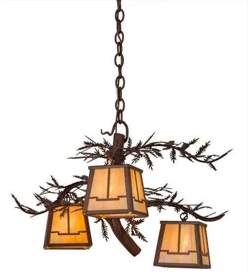 Enjoy the natural beauty of the American woodlands with this stunning chandelier. Designed as a tree bark with branches and pine needles, the hardware is featured in a handsome Rust finish. Three geometric styled lanterns feature stunning Beige Iridescent art glass. Handcrafted by Meyda artisans at the foothills of New York's Adirondack Mountains, the fixture can be in hallways and other rooms. Custom sizes, styles and colors are available. Dimmable energy efficient lamping options are also offered. Collection: Pine Branch Finish: Rust Glass: Beige Iridescent Notes: Custom Crafted In Yorkville, New York Please Allow 30 Days Width: 28.00" Height: 27.00" Length: 28.00" Weight: 17.00 lb Number of Bulbs: 3 Maximum Wattage: 60.00 W Bulb Type: T4 Bulb Base: G9 Light Source: Halogen Material: Steel Country of Origin: USA Safety Listing: Damp Safety Rating: Damp - alternate view