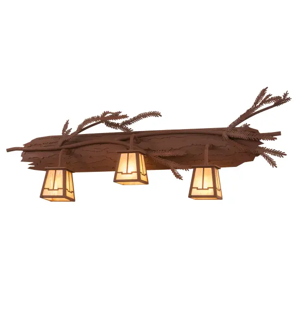 Invite the natural charm of the American woodlands into your camp; lodge; home; or business with this vanity light. Three Beige Iridescent Glass lanterns are offered in this stunning Arts & Crafts design and feature Pine Branch-shaped metal branches with pine-needle metal accents. This lovely; elaborate fixture features a warm Rust finish. It is ideal for making a dramatic design statement in entryways; corridors; and dining spaces. The Pine Branch Valley View 3 Light Vanity Light is included in our American-made; American-designed; handcrafted Nature-Inspired Lighting Collection and is manufactured in Yorkville; New York. UL and cUL listed for dry and damp locations. Upstate New York's adventurous playland; known as the Adirondack Mountains; with its many breathtaking forests; lakes; and rivers; is the spiritual birthplace of Meyda and inspires our rustic-themed collections.