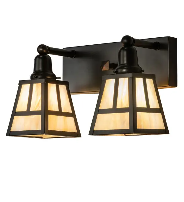 Handcrafted from Solid Brass; this handsome Craftsman Signature fixture is inspired by the Arts and Crafts movement. This fixture features 2 Beige Iridescent glass shades with a striking Mission straight line design and complemented with hardware and decorative accents highlighted in a warm Craftsman Brown finish. Perfect for a vanity light in fine baths or as a wall sconce in corridors and other areas; the fixture is handcrafted by highly skilled artisans in our 180;000 square foot manufacturing facility in Yorkville; NY. Custom sizes; styles; colors and dimmable energy efficient lamping options are available. The 17-inch wide fixture is UL and cUL listed for dry and damp locations.