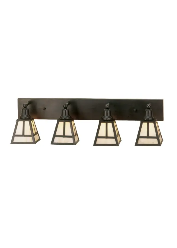 Handcrafted from Solid Brass; this handsome Craftsman Signature fixture is inspired by the Arts and Crafts movement. This charming wall fixture features 4 Beige Iridescent Glass shades with a striking Mission straight line design and complemented with hardware and decorative accents highlighted in a warm Craftsman Brown finish. Perfect for a vanity light in fine baths or as a wall sconce in corridors and other areas; the fixture is handcrafted by highly skilled artisans in our 180;000 manufacturing facility in Yorkville; NY. Custom sizes; styles; colors and dimmable energy efficient lamping options are available. The 36-inch wide fixture is UL and cUL listed for dry and damp locations.