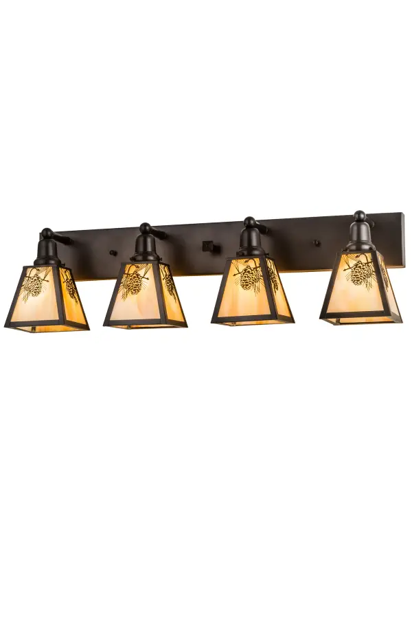 Pine Cone laden branches accent this handsome American Craftsman four light vanity. The fixture; handcrafted in the USA by Meyda artisans; is finished in Craftsman Brown and has Iridized Beige art glass panels.