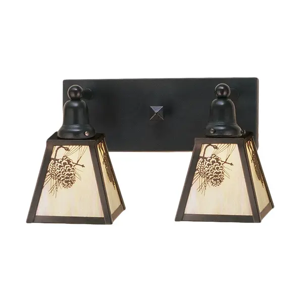 Pine Cone laden branches accent this handsome American Craftsman two light vanity. The fixture; handcrafted in the USA by Meyda artisans; is finished in Craftsman Brown and has Iridized Beige art glass panels.