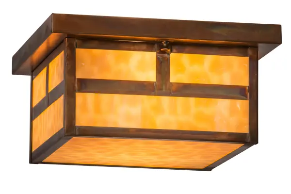 Handcrafted from Solid Brass, this handsome Craftsman Signature fixture is inspired by the Arts and Crafts movement. The striking Mission straight line design features Beige art glass and a Vintage Copper finish. The fixture is custom made by highly skilled artisans in our 180,000 square foot manufacturing facility in Yorkville, New York.? Custom sizes, styles and colors are available, as well as energy efficient lamping options such as LED. The fixture is UL and cUL listed for dry and damp locations. Collection: Hyde Park Finish: Vintage Copper Glass: Beige Art Glass Width: 17.00" Height: 6.00" Length: 12.00" Weight: 7.00 lb Number of Bulbs: 2 Maximum Wattage: 60.00 W Bulb Type: A19 Bulb Base: E26 Material: Metal Or Polyresin Country of Origin: USA Safety Listing: Damp Safety Rating: Damp
