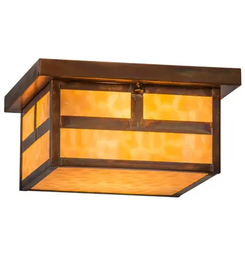 Handcrafted from Solid Brass, this handsome Craftsman Signature fixture is inspired by the Arts and Crafts movement. The striking Mission straight line design features Beige art glass and a Vintage Copper finish. The fixture is custom made by highly skilled artisans in our 180,000 square foot manufacturing facility in Yorkville, New York.? Custom sizes, styles and colors are available, as well as energy efficient lamping options such as LED. The fixture is UL and cUL listed for dry and damp locations. Collection: Hyde Park Finish: Vintage Copper Glass: Beige Art Glass Width: 17.00" Height: 6.00" Length: 12.00" Weight: 7.00 lb Number of Bulbs: 2 Maximum Wattage: 60.00 W Bulb Type: A19 Bulb Base: E26 Material: Metal Or Polyresin Country of Origin: USA Safety Listing: Damp Safety Rating: Damp - alternate view