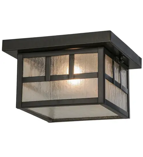 The Solid Brass flat roof and straight line design inspired by the Mission movement are depicted on this handsome American Craftsman Signature style which comes to light through Clear Seeded art glass.Hardware and frame featured in a Craftsman Brown finish.Designed for both indoor and outdoor applications.Handcrafted by Meyda artisans in the Yorkville, NY manufacturing facility at the foothills of the Adirondack Mountains. Custom colors, styles and sizes available.Energy efficient lamping options. Collection: Hyde Park Finish: Craftsman Brown Glass: Clear Seeded Glass Notes: Custom Crafted In Yorkville, New York Please Allow 30 Days Width: 14.00" Height: 6.00" Length: 10.00" Weight: 5.00 lb Number of Bulbs: 1 Maximum Wattage: 60.00 W Bulb Type: A19 Bulb Base: E26 Country of Origin: USA Safety Listing: Damp Safety Rating: Damp - alternate view