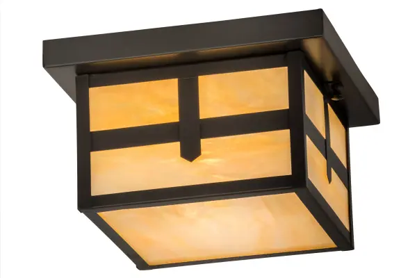 A Solid Brass flat roof and straight line design are inspired by the Mission Movement and featured on this American-made Craftsman Signature fixture, which comes to light through Beige Iridescent art glass and complemented with hardware, accents and a frame featured in a handsome Craftsman Brown finish.Created for both indoor and outdoor applications, this fixture is handcrafted by Meyda artisans in the Yorkville, NY manufacturing facility at the foothills of the Adirondack Mountains. Custom designs, colors, sizes and dimmable energy efficient lamping options are available.UL and cUL listed for damp and wet locations. Collection: Hyde Park Finish: Craftsman Brown Glass: Beige Irridescent Width: 14.00" Height: 6.00" Length: 10.00" Weight: 5.50 lb Number of Bulbs: 1 Maximum Wattage: 60.00 W Bulb Type: A19 Bulb Base: E26 Country of Origin: USA Safety Listing: Wet Safety Rating: Wet