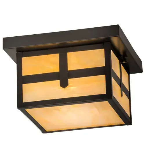 A Solid Brass flat roof and straight line design are inspired by the Mission Movement and featured on this American-made Craftsman Signature fixture, which comes to light through Beige Iridescent art glass and complemented with hardware, accents and a frame featured in a handsome Craftsman Brown finish.Created for both indoor and outdoor applications, this fixture is handcrafted by Meyda artisans in the Yorkville, NY manufacturing facility at the foothills of the Adirondack Mountains. Custom designs, colors, sizes and dimmable energy efficient lamping options are available.UL and cUL listed for damp and wet locations. Collection: Hyde Park Finish: Craftsman Brown Glass: Beige Irridescent Width: 14.00" Height: 6.00" Length: 10.00" Weight: 5.50 lb Number of Bulbs: 1 Maximum Wattage: 60.00 W Bulb Type: A19 Bulb Base: E26 Country of Origin: USA Safety Listing: Wet Safety Rating: Wet - alternate view