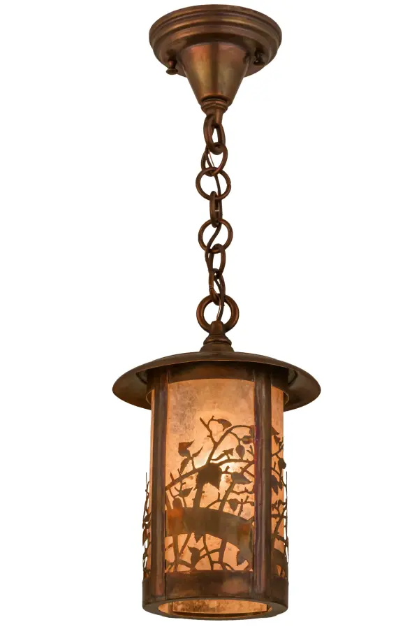 Enticing exquisite apple blossoms and branches are delicately etched of Solid Brass on stunning Silver Mica, which projects beautiful ambient light. Drawing inspiration from Mother Nature, this Craftsman Signature Series lantern features a cylindrical form with accents and hardware hand finished in a Vintage Copper hue. This fixture is handcrafted by Meyda artisans in our manufacturing facility at the foothills of the Adirondack Mountains in the USA. Custom sizes, styles, colors and dimmable energy efficient lamping options are available for any lighting application. Collection: Fulton Finish: Vintage Copper Glass: Silver Mica Width: 8.00" Height: 18.00" Length: 8.00" Weight: 3.00 lb Extension from Wall: 10.00" Number of Bulbs: 1 Maximum Wattage: 60.00 W Bulb Type: A19 Bulb Base: E26 Material: Brass Country of Origin: USA Safety Listing: Damp Safety Rating: Damp