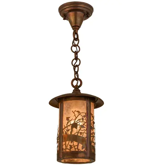 Enticing exquisite apple blossoms and branches are delicately etched of Solid Brass on stunning Silver Mica, which projects beautiful ambient light. Drawing inspiration from Mother Nature, this Craftsman Signature Series lantern features a cylindrical form with accents and hardware hand finished in a Vintage Copper hue. This fixture is handcrafted by Meyda artisans in our manufacturing facility at the foothills of the Adirondack Mountains in the USA. Custom sizes, styles, colors and dimmable energy efficient lamping options are available for any lighting application. Collection: Fulton Finish: Vintage Copper Glass: Silver Mica Width: 8.00" Height: 18.00" Length: 8.00" Weight: 3.00 lb Extension from Wall: 10.00" Number of Bulbs: 1 Maximum Wattage: 60.00 W Bulb Type: A19 Bulb Base: E26 Material: Brass Country of Origin: USA Safety Listing: Damp Safety Rating: Damp - alternate view