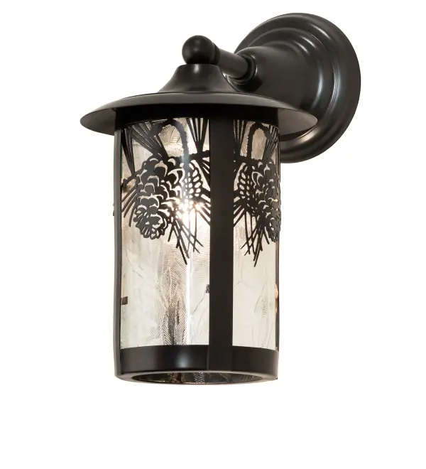 Pine Cone laden branches accent this handsome American Craftsman lantern style solid mount wall sconce. The fixture, handcrafted in the USA by Meyda artisans, is finished in Craftsman Brown and has Clear Leaf pattern glass panels. Collection: Fulton Finish: Clear Leaf Glass Glass: Craftsman Brown On Brass Width: 8.00" Height: 13.50" Length: 11.00" Weight: 4.00 lb Extension from Wall: 11.00" Number of Bulbs: 1 Maximum Wattage: 60.00 W Bulb Type: A19 Bulb Base: E26 Material: Brass Country of Origin: USA Safety Rating: Damp