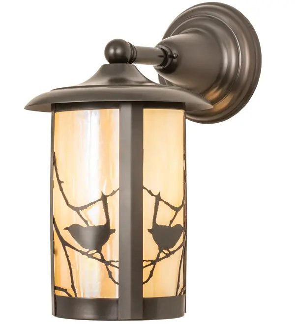Branches with Song Bird silhouettes accent this handsome American Craftsman lantern style solid mount wall sconce. The fixture, handcrafted in the USA by Meyda artisans, is finished in Craftsman Brown and has Iridized Beige glass panels. Collection: Fulton Finish: Craftsman Brown Glass: Beige Iridiscent Width: 8.00" Height: 13.50" Length: 10.50" Weight: 4.00 lb Extension from Wall: 10.50" Number of Bulbs: 1 Maximum Wattage: 60.00 W Bulb Type: A19 Bulb Base: E26 Country of Origin: USA Safety Rating: Wet