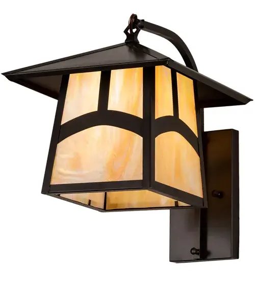 An Arts and Crafts Hill Top arched bar accents this handsome American Craftsman lantern style curved arm wall sconce. The fixture; handcrafted in the USA by Meyda artisans; is finished in Craftsman Brown and has Iridized Beige glass panels. - alternate view