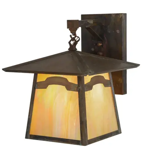 An Arts and Crafts Mountain View recurved bar accents this handsome American Craftsman lantern style straight arm wall sconce. The Solid Brass fixture, handcrafted in the USA by Meyda artisans, is finished in Vintage Copper and has Iridized Beige glass panels. Collection: Stillwater Finish: Vintage Copper Glass: Beige Art Glass Width: 12.00" Height: 14.50" Length: 13.50" Weight: 8.00 lb Extension from Wall: 13.50" Number of Bulbs: 1 Maximum Wattage: 60.00 W Bulb Type: A19 Bulb Base: E26 Material: Brass Country of Origin: USA Safety Listing: Wet Safety Rating: Wet - alternate view