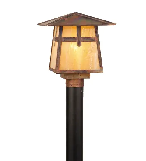 The Cross Mission has Arts and Crafts style crossed bars that accents this handsome American Craftsman lantern style post mount. The fixture; handcrafted in the USA by Meyda artisans; is finished in Vintage Copper and has Iridized Beige glass panels.