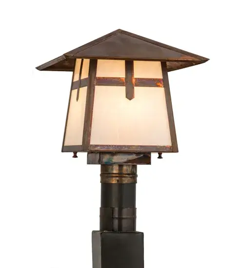 The Cross Mission has Arts and Crafts style crossed bars that accents this handsome American Craftsman lantern style post mount. The fixture, handcrafted in the USA by Meyda artisans, is finished in Vintage Copper and has White glass panels. Collection: Stillwater Finish: Vintage Copper Glass: White Art Glass Width: 17.50" Height: 12.00" Length: 12.00" Weight: 7.50 lb Number of Bulbs: 1 Maximum Wattage: 60.00 W Bulb Type: A19 Bulb Base: E26 Material: Copper Country of Origin: USA Safety Listing: Wet Safety Rating: Wet - alternate view