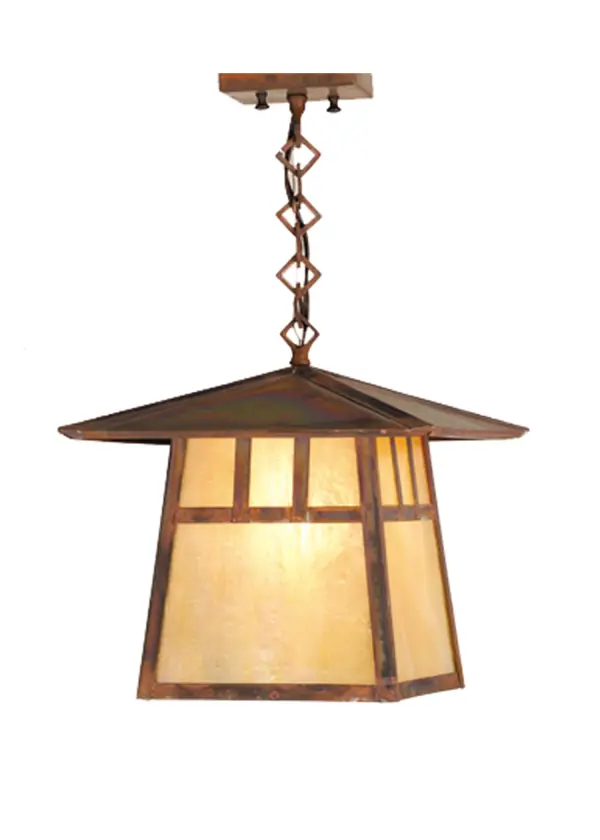 The Double Bar Mission has a pair Arts and Crafts style crossed bars that accent this handsome American Craftsman lantern style ceiling pendant. The fixture, handcrafted in the USA by Meyda artisans, is finished in Vintage Copper and has Iridized Beige glass panels. Collection: Stillwater Finish: Vintage Copper Glass: Bai Vintage Copper Width: 12.00" Height: 14.00" Length: 12.00" Number of Bulbs: 1 Maximum Wattage: 60.00 W Bulb Type: A19 Bulb Base: E26 Material: Metal Country of Origin: USA Safety Listing: Damp Safety Rating: Damp